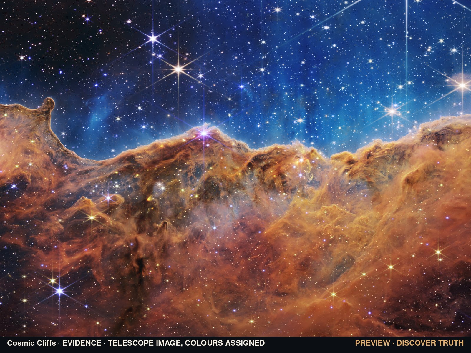 Cosmic Cliffs (James Webb Space Telescope, 2022) · EVIDENCE, colors assigned