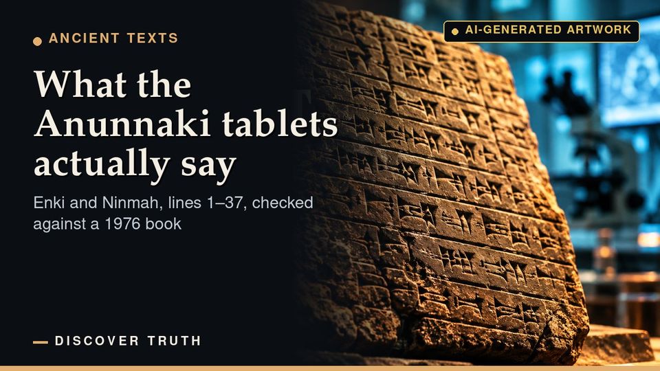 Episode 1 cover: an imagined cuneiform tablet, labeled AI-generated artwork, with the title What the Anunnaki tablets actually say