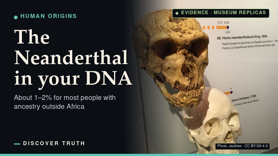 Episode 3 cover: photo of museum replica skulls of a Neanderthal and a modern human, labeled evidence, with the title The Neanderthal in your DNA