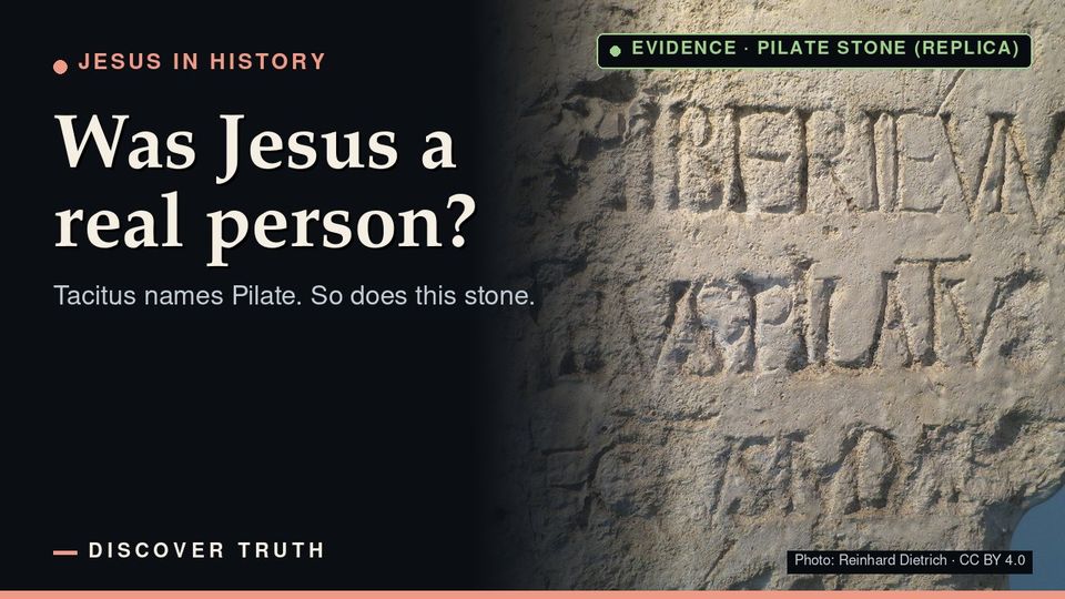 Episode 2 cover: photo of the Pilate Stone replica, labeled evidence, with the title Was Jesus a real person?