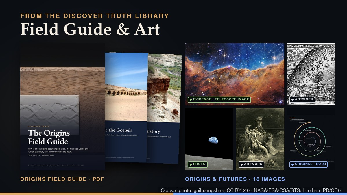 The Origins Field Guide cover and chapter pages beside a grid of labeled images from the Origins & Futures art collection.