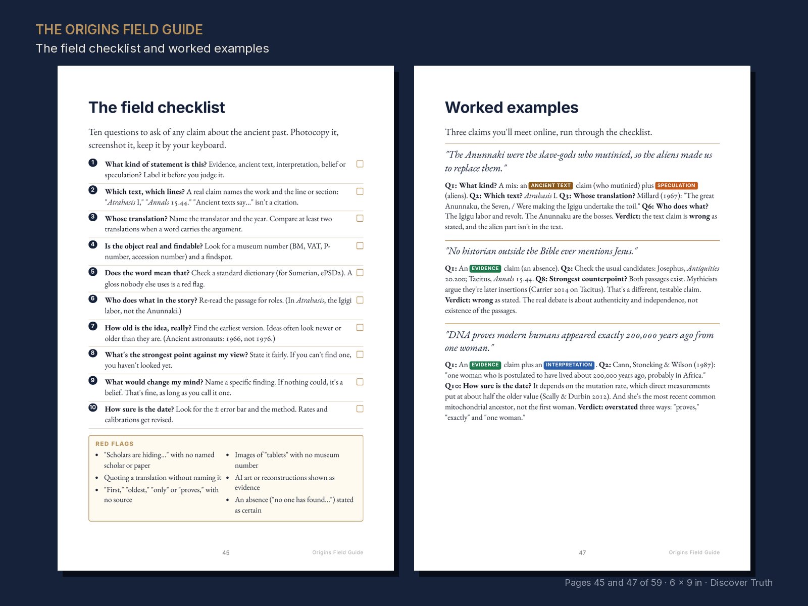 The field checklist and worked examples (pp. 45, 47)